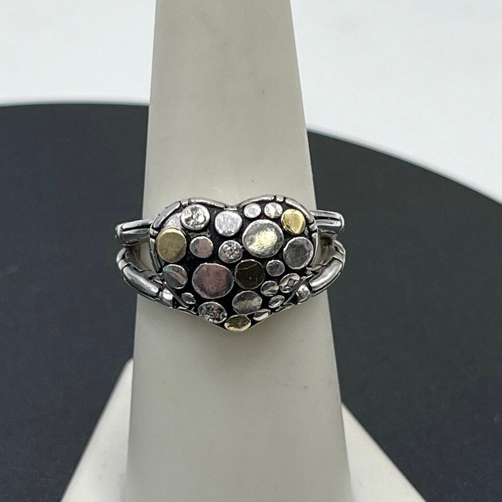 EFFY‎ Signed Sterling Silver 18K Gold Diamond Crackle Heart Band Ring Siz 7.25